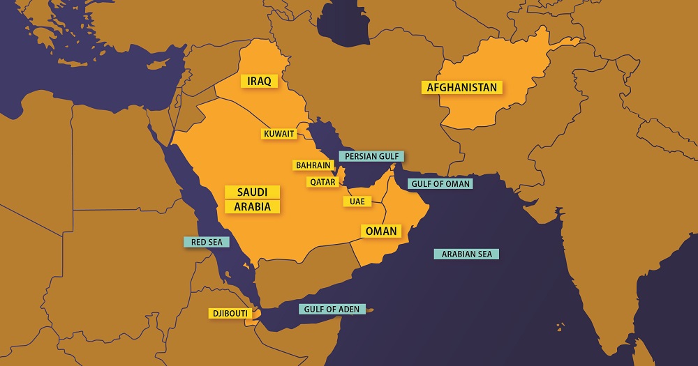 Map of Southwest Asia and Africa showing countries and waterways where burn pits were used to dispose of trash and toxic materials