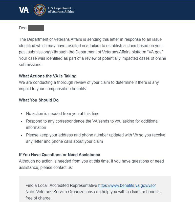 VA letter notifying benefits recipient of unprocessed claim