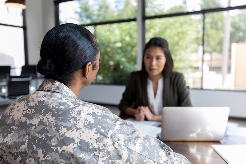 Veteran talking with counselor about military sexual trauma